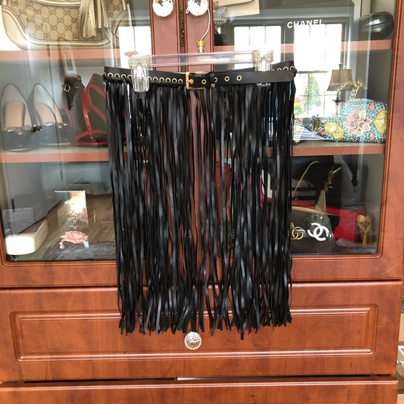 Fringe black leather belt skirt main image 4